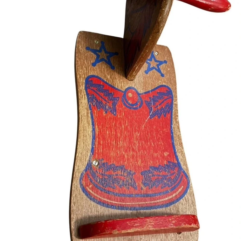 Vtg 80's Handmade wooden rocking horse with red/blue horse graphic